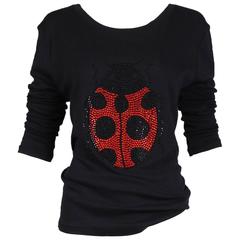 Sonia Rykiel Black Cotton Long Sleeved Shirt Top w/Jeweled Ladybug Design