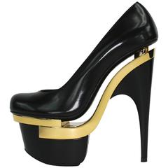 New Versace Black Gold Triple Platform Leather Pumps Sky High Heel Shoes 