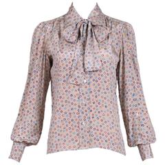 Vintage Yves Saint Laurent Printed Silk Blouse w/Pussy Bow 11
