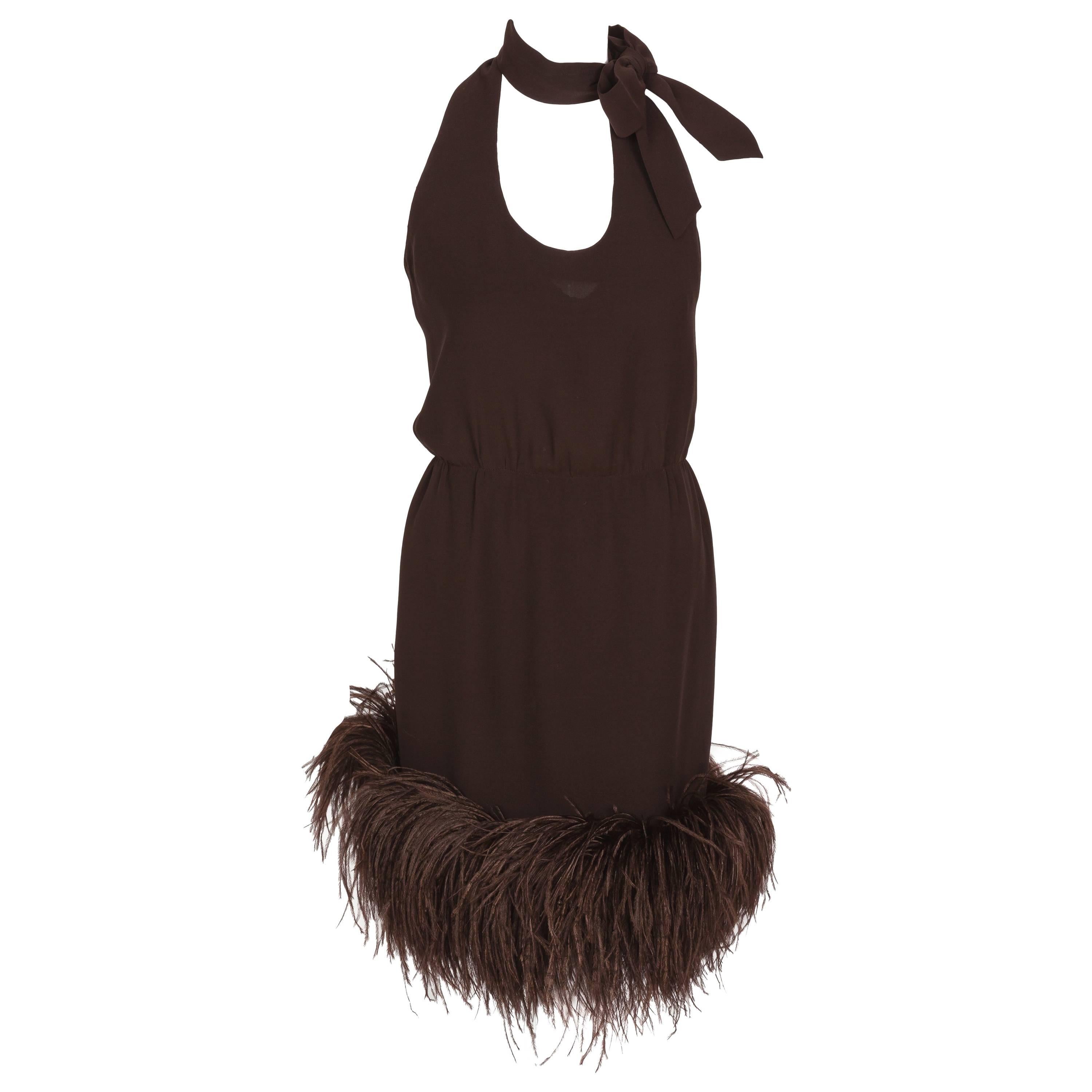 Pierre Cardin Brown Haute Couture Chiffon Cocktail Dress w/Ostrich Feather Trim