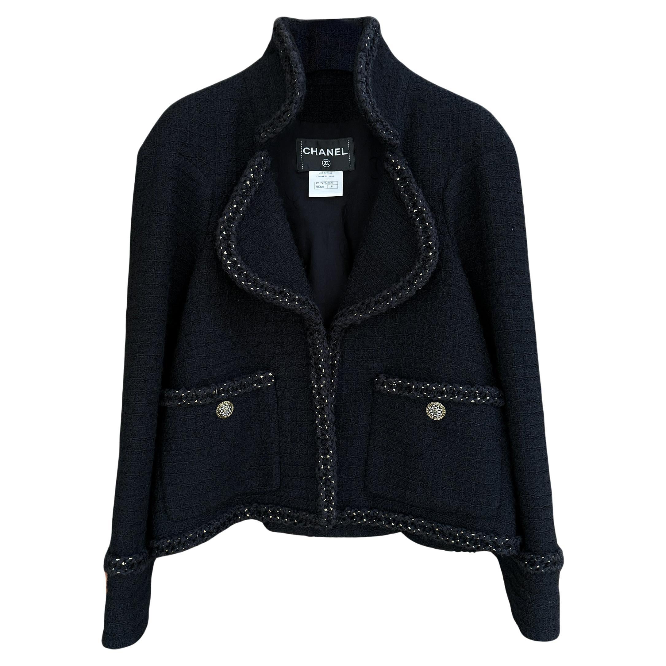 Chanel 9K$ Melania Trump Style Black Tweed Jacket with Chains 34 FR For Sale