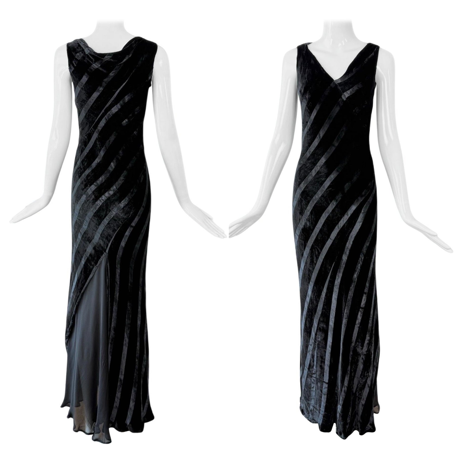 ROBERT DANES Schwarzer Samt Bias Cut Gestreiftes Abendkleid Maxikleid im Angebot