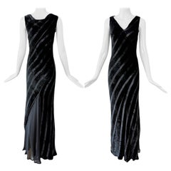 ROBERT DANES Black Velvet Bias Cut Striped Evening Gown Maxi Dress