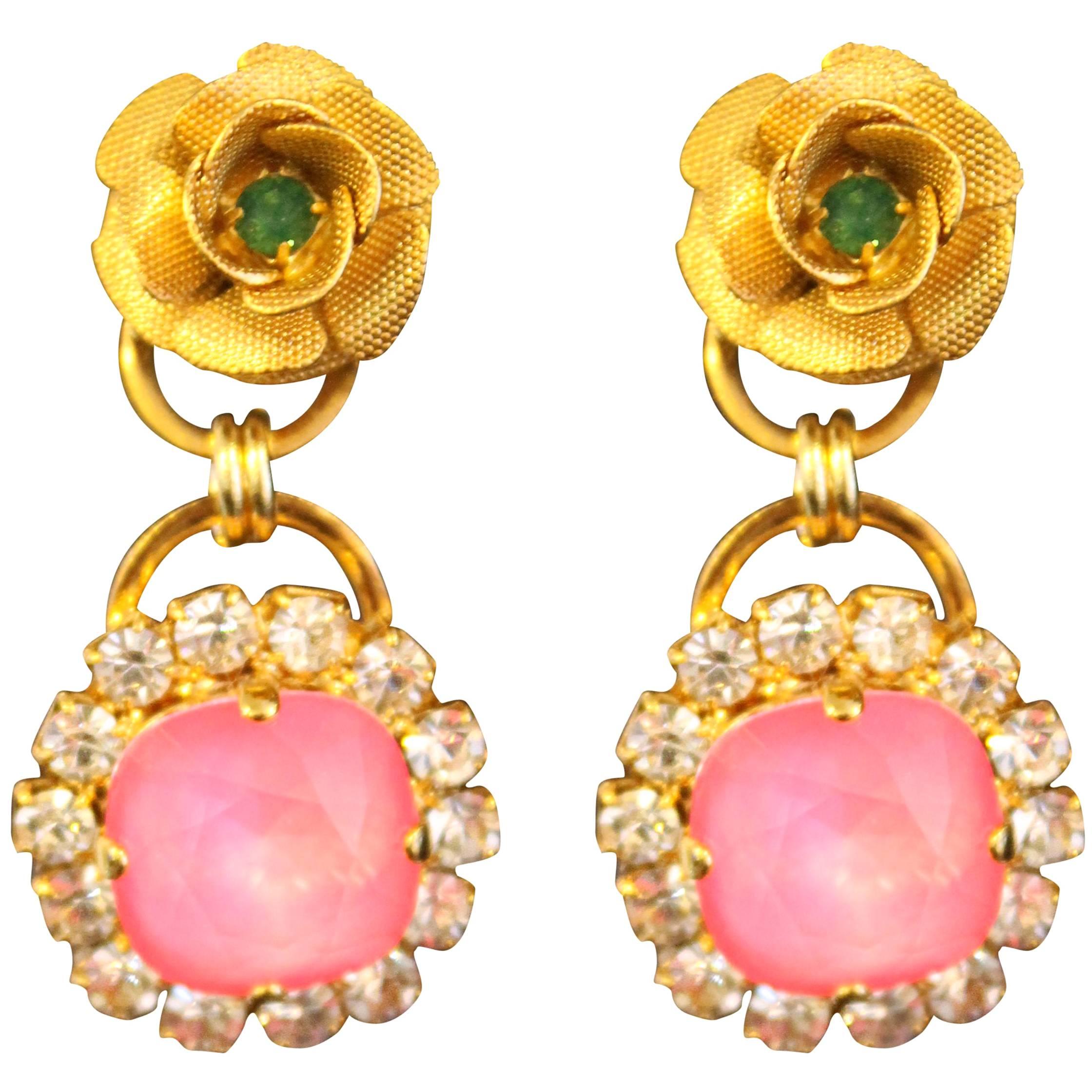 Swarovski Crystal Enamel Gold Plated Rose Drop Neon Earrings For Sale