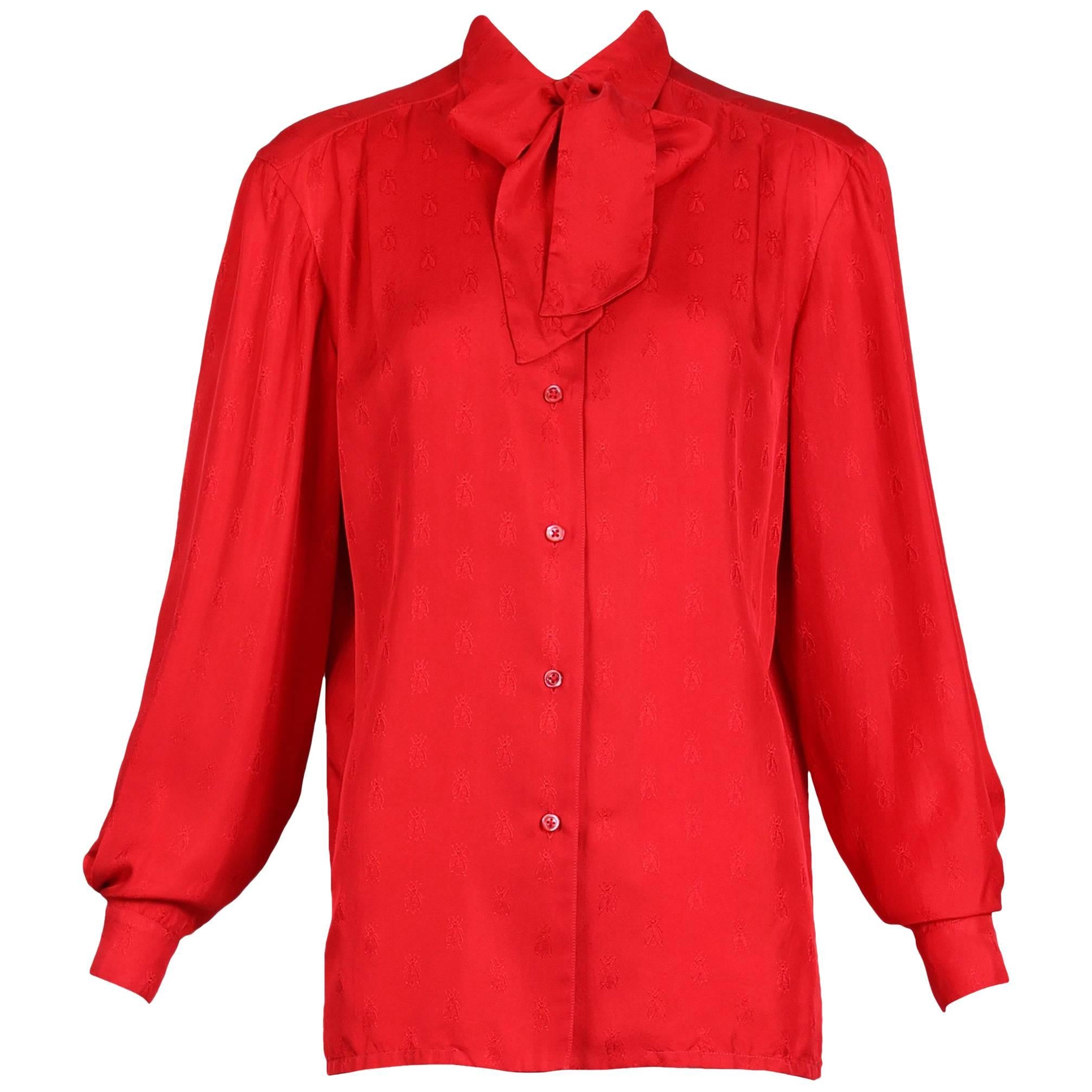 1970s Hermes Red Silk Bee "Abeille" Pattern Blouse w/Neck Ties