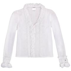 2004 Chanel White Cotton & Lace Blouse w/CC Logo at Sleeve