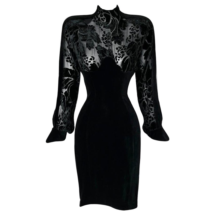 Beautiful Rare Thierry Mugler Devoré Silk Velvet Dress Black