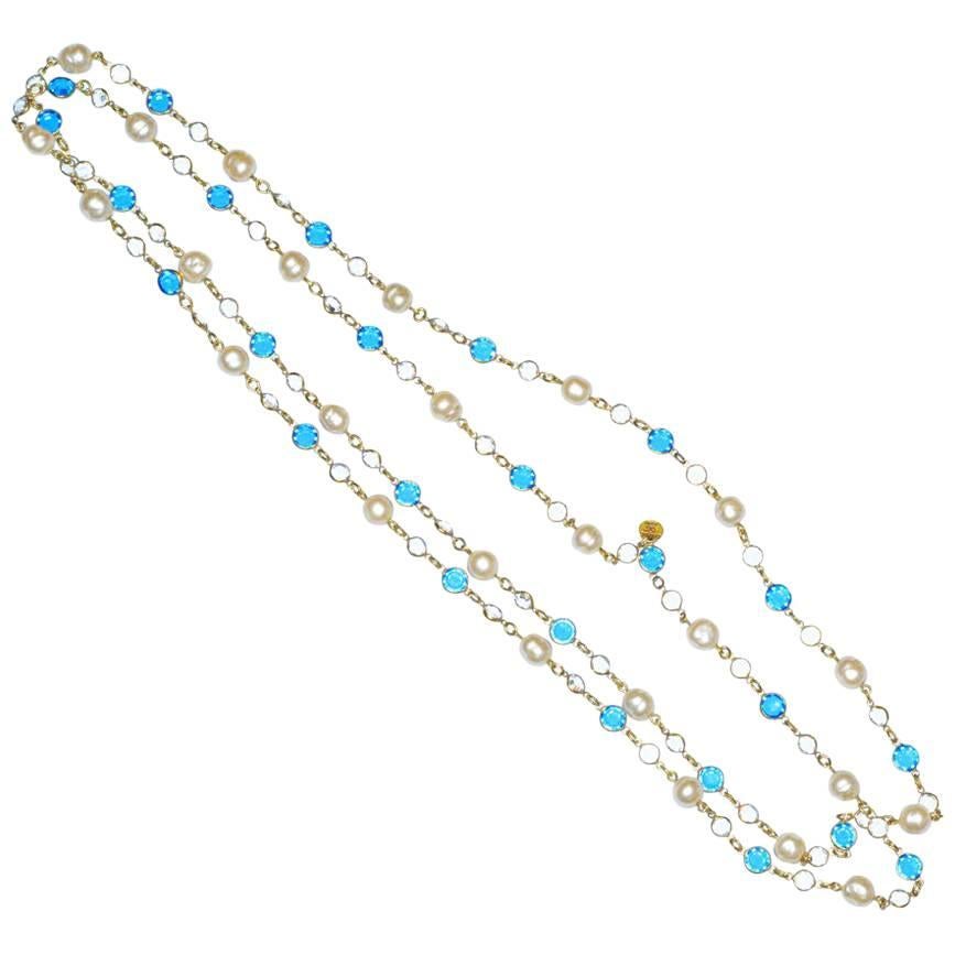 Chanel Blue Crystal and Pearl Sautoir Necklace For Sale