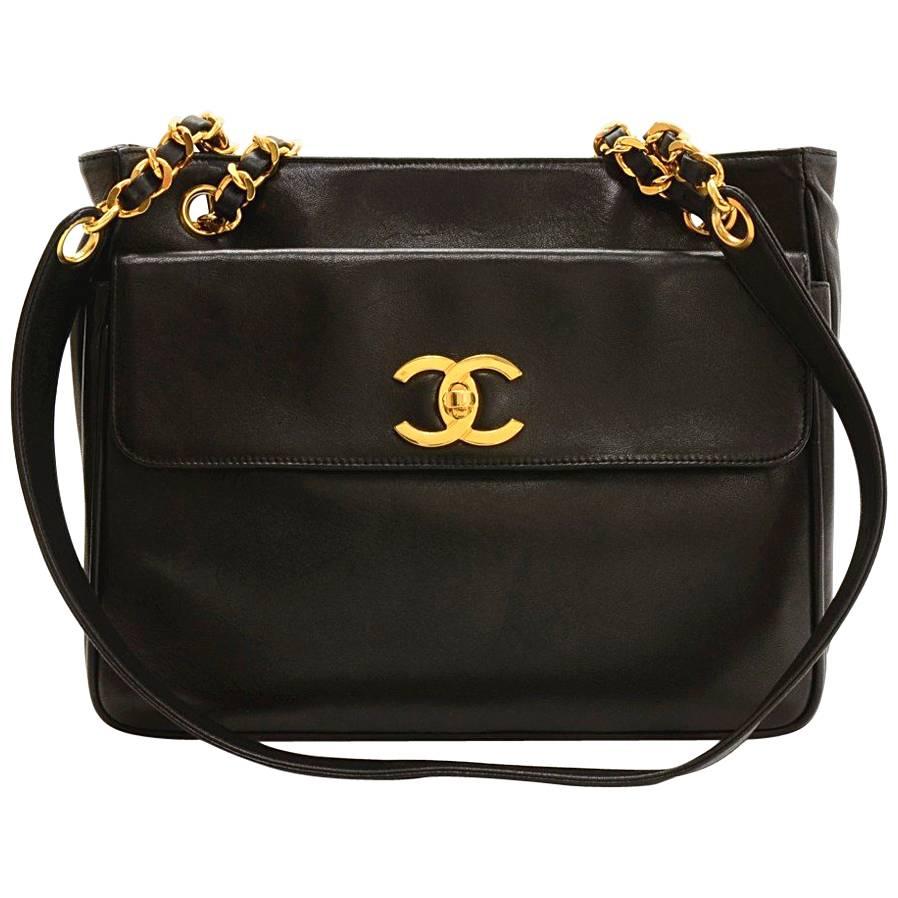 Chanel Black Lambskin Leather Medium Shoulder Tote Bag