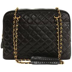 Vintage Chanel 14" Black Quilted Lambskin Leather XL Tote Shoulder Bag