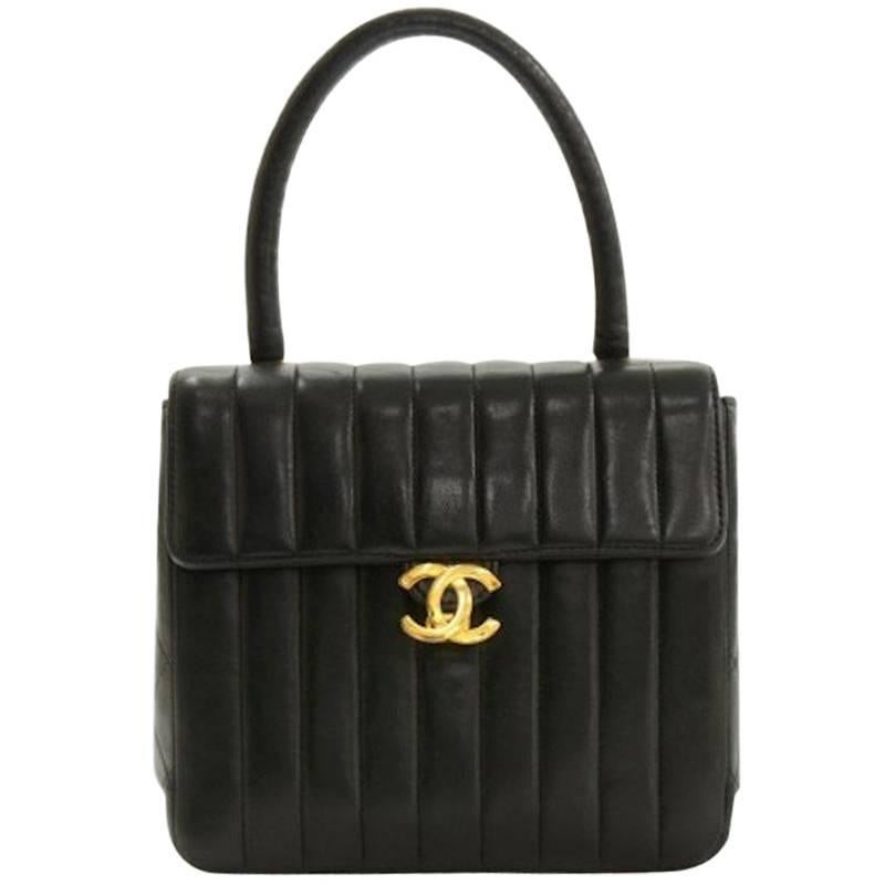 Chanel Vintage Black Lambskin Top Handle Satchel Evening Bag