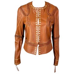 Roberto Cavalli - Giacca in pelle marrone intrecciata e borchiata - P/E 2005