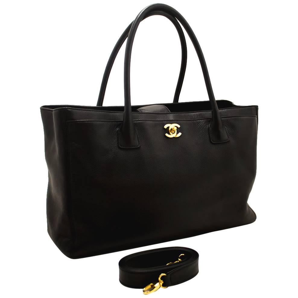 CHANEL Executive Tote Caviar Shoulder Bag Black Gold Leather Strap 