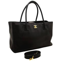 CHANEL Executive Tote Caviar Shoulder Bag Black Gold Leather Strap