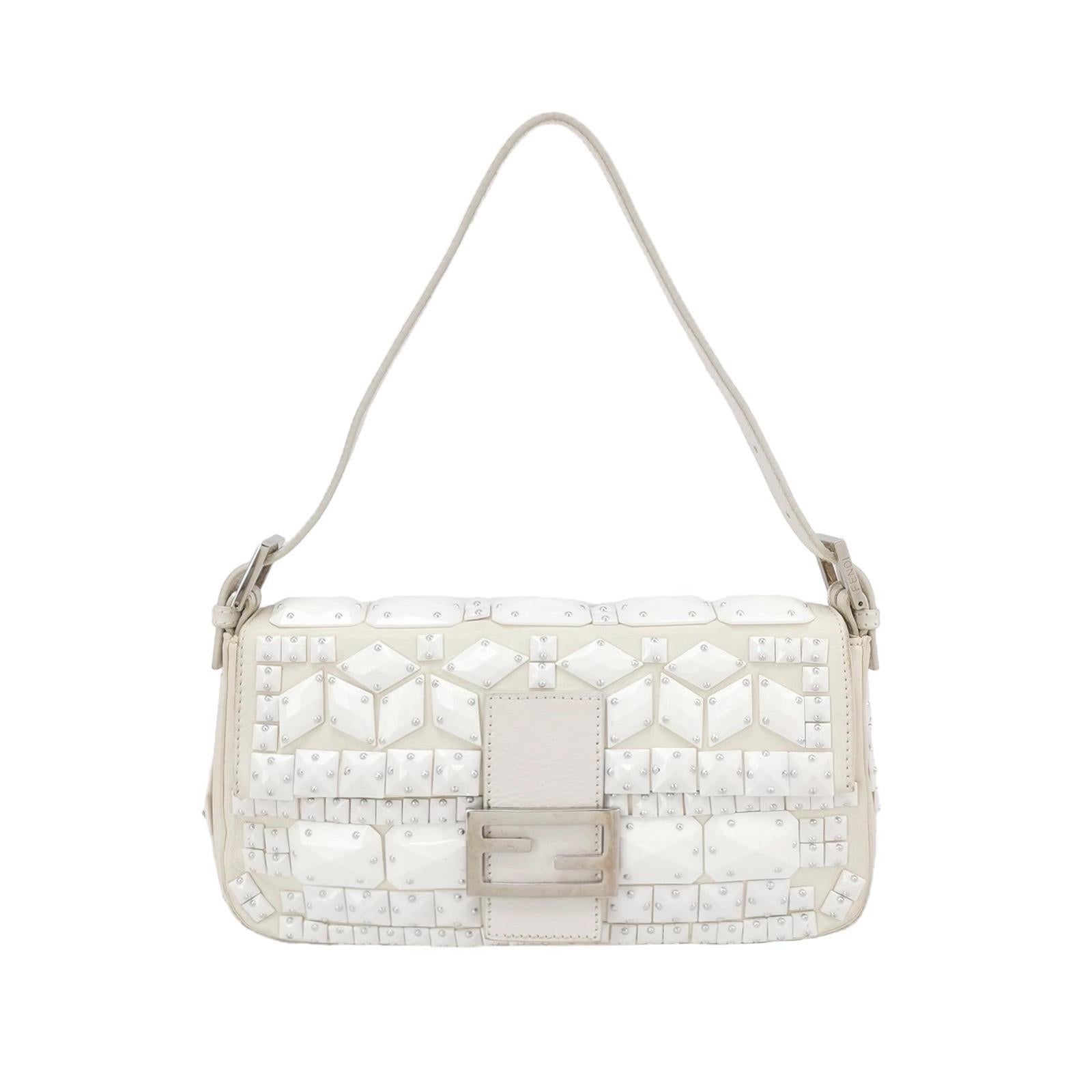 FENDI Baguette 1997 White Leather and Stones Zucca Interior Shoulder Bag For Sale