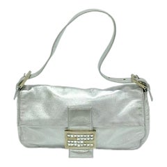 FENDI Baguette Silver Lambskin Leather Crystal Buckle Shoulder Bag