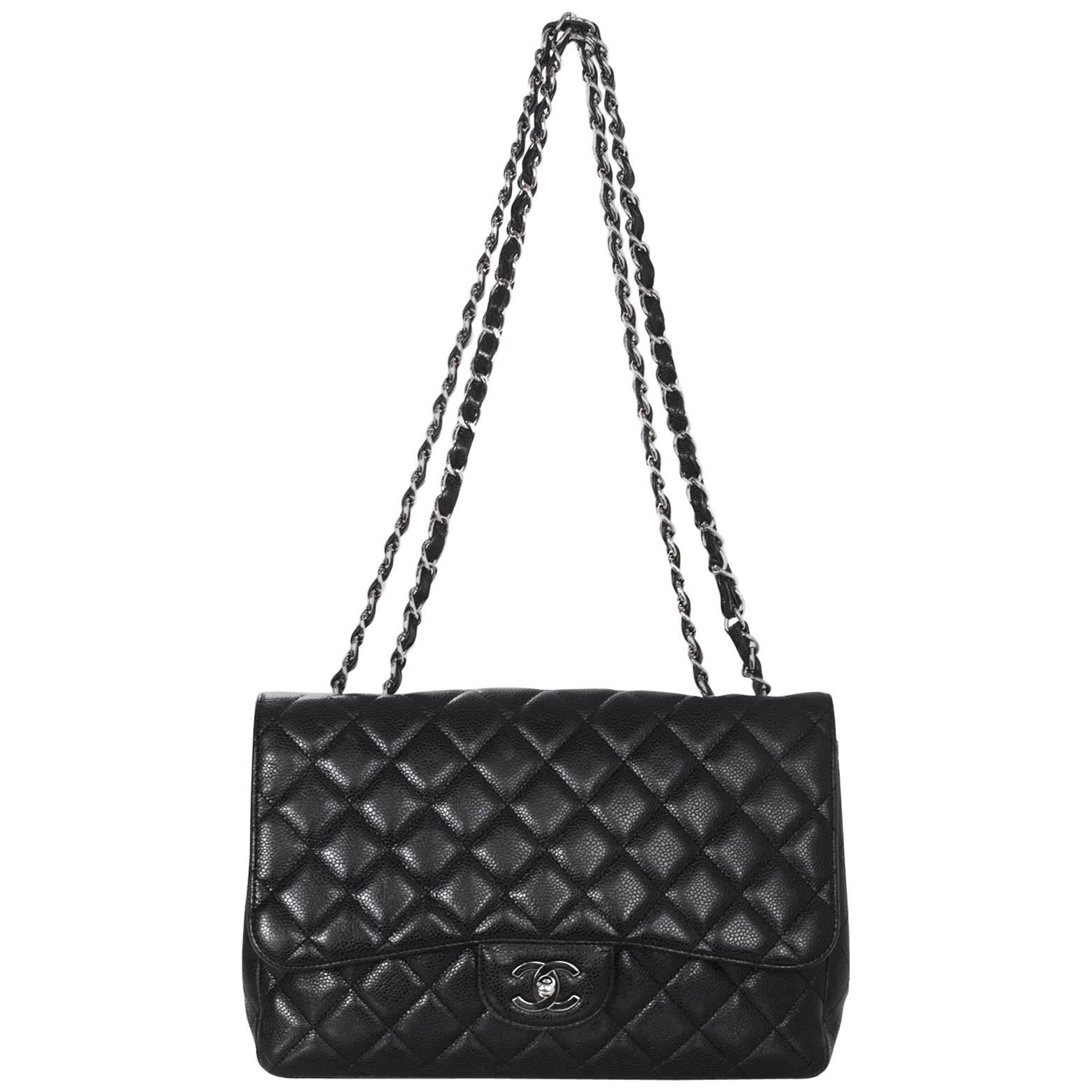 Chanel Black Quilted Caviar Leather Single Flap Jumbo Classic Bag