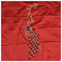 Hand Embroidered, Sequin and Bead Red Satin Peacock Dress Panel 1950s