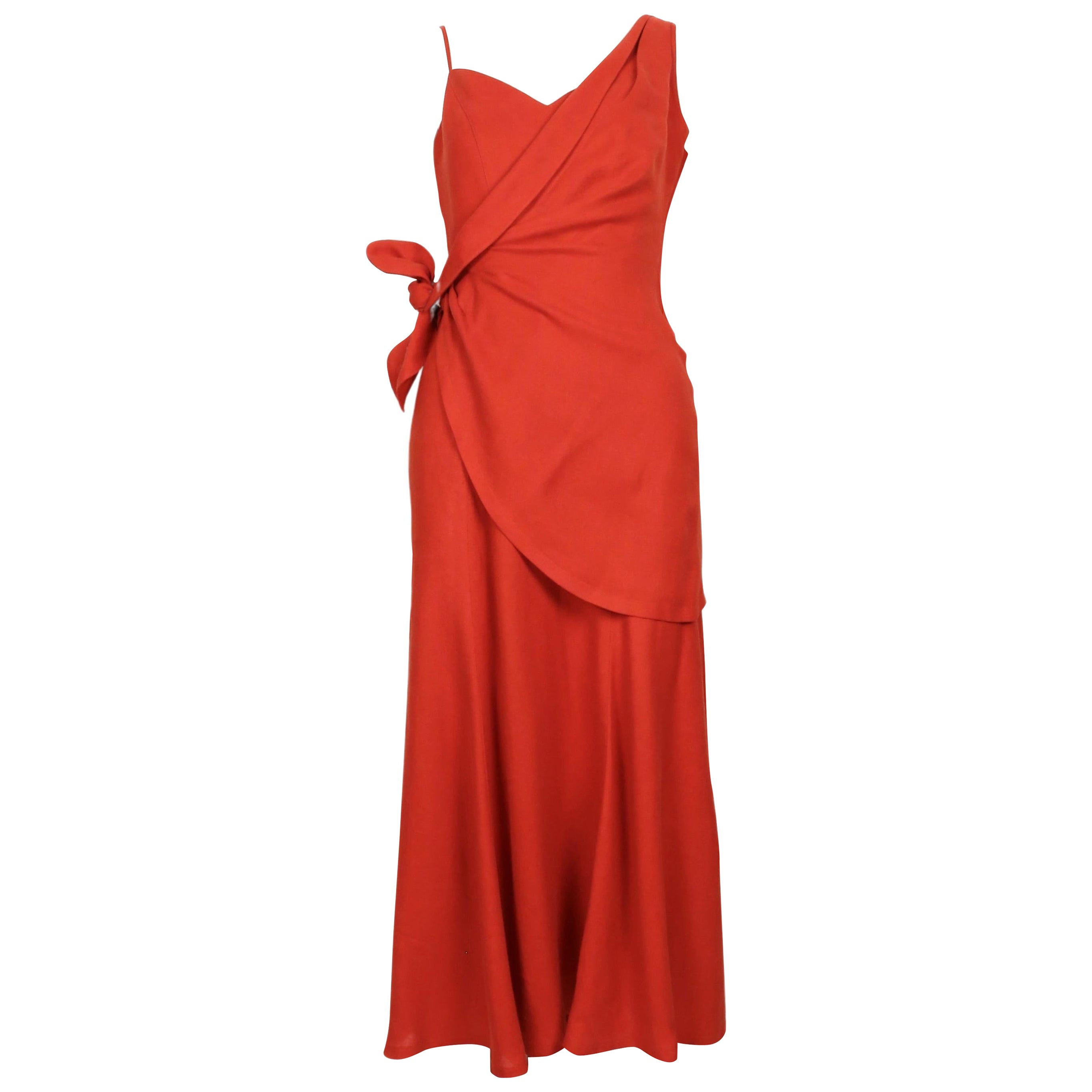 1990er THIERRY MUGLER persimmonfarbenes Leinenkleid mit asymmetrischer Wickelung im Angebot