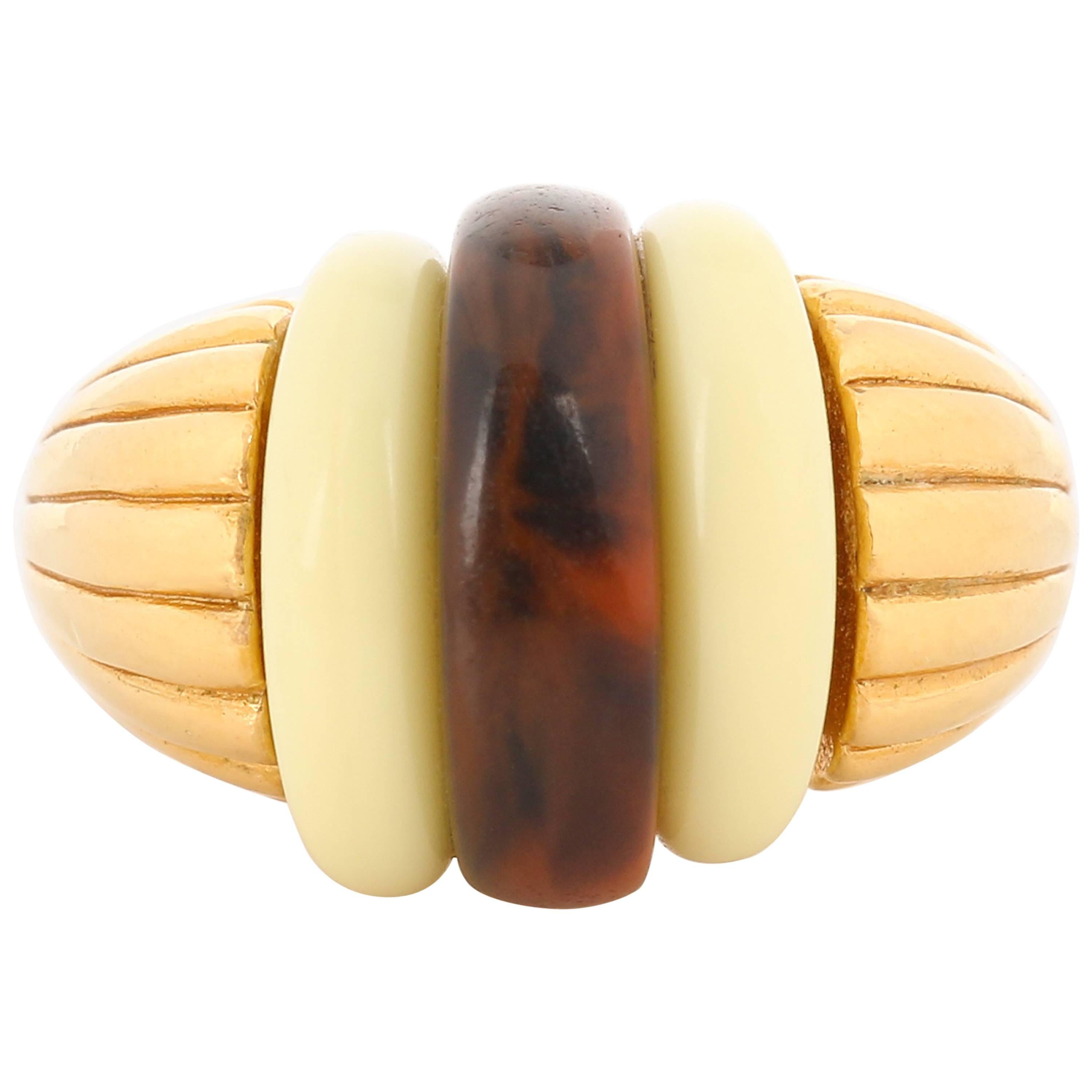 LANVIN c.1970's Ivory & Brown Tortoiseshell Gold Art Deco Dome Ring 