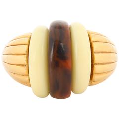LANVIN c.1970's Ivory & Brown Tortoiseshell Gold Art Deco Dome Ring 1