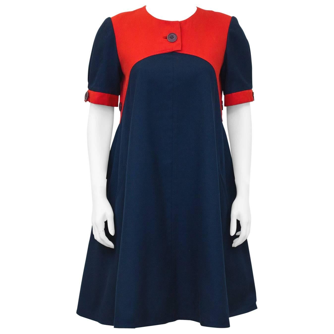 1980's Geoffrey Beene Navy Blue & Red Swing Dress 