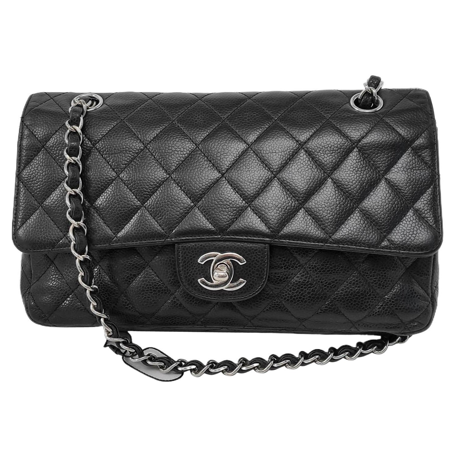 Chanel Classic Flap Medium Schwarzes Kaviar Leder Silberne Hardware