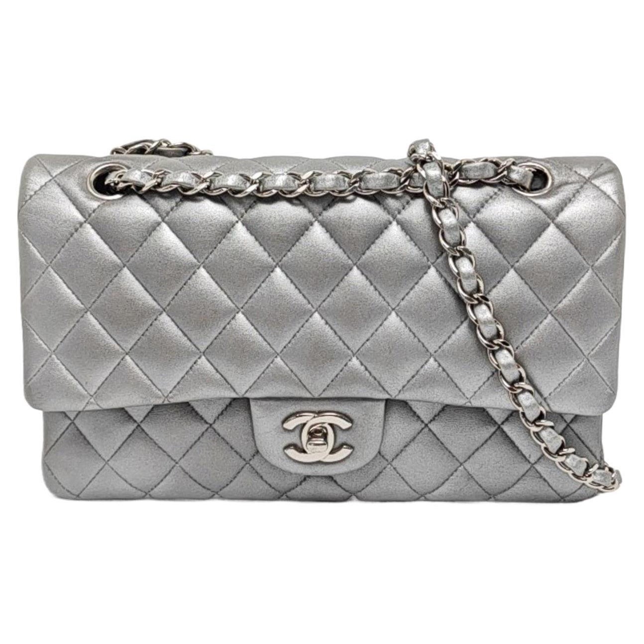 Chanel Classic Leather Silver Grey Lambskin Leather Silver Hardware