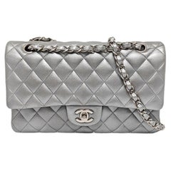 Chanel Classic Leather Silver Grey Lambskin Leather Silver Hardware