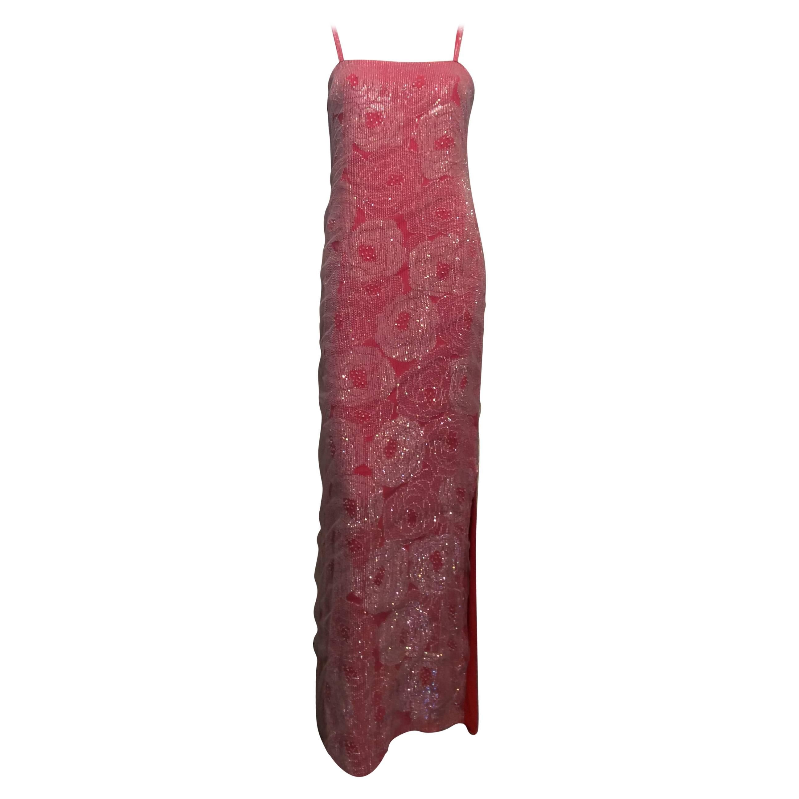 Giorgio Armani Coral Beaded Evening Gown Size Small For Sale