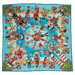 Hermès Kachinas Turquoise Silk Scarf Mint Condition