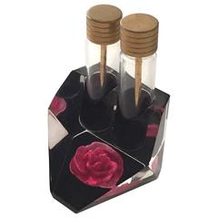 Vintage 1950s Reverse Carved Painted Acrylic Double Dauber Perfume Bottle Set