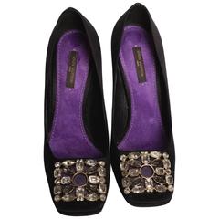 Louis Vuitton Black Silk Pumps with Jeweled Buckles - 37 1/2
