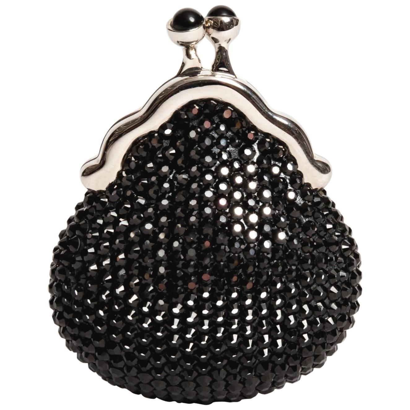 Judith Leiber Black Crystal Pill Box with Onyx Cabochon Clasp For Sale