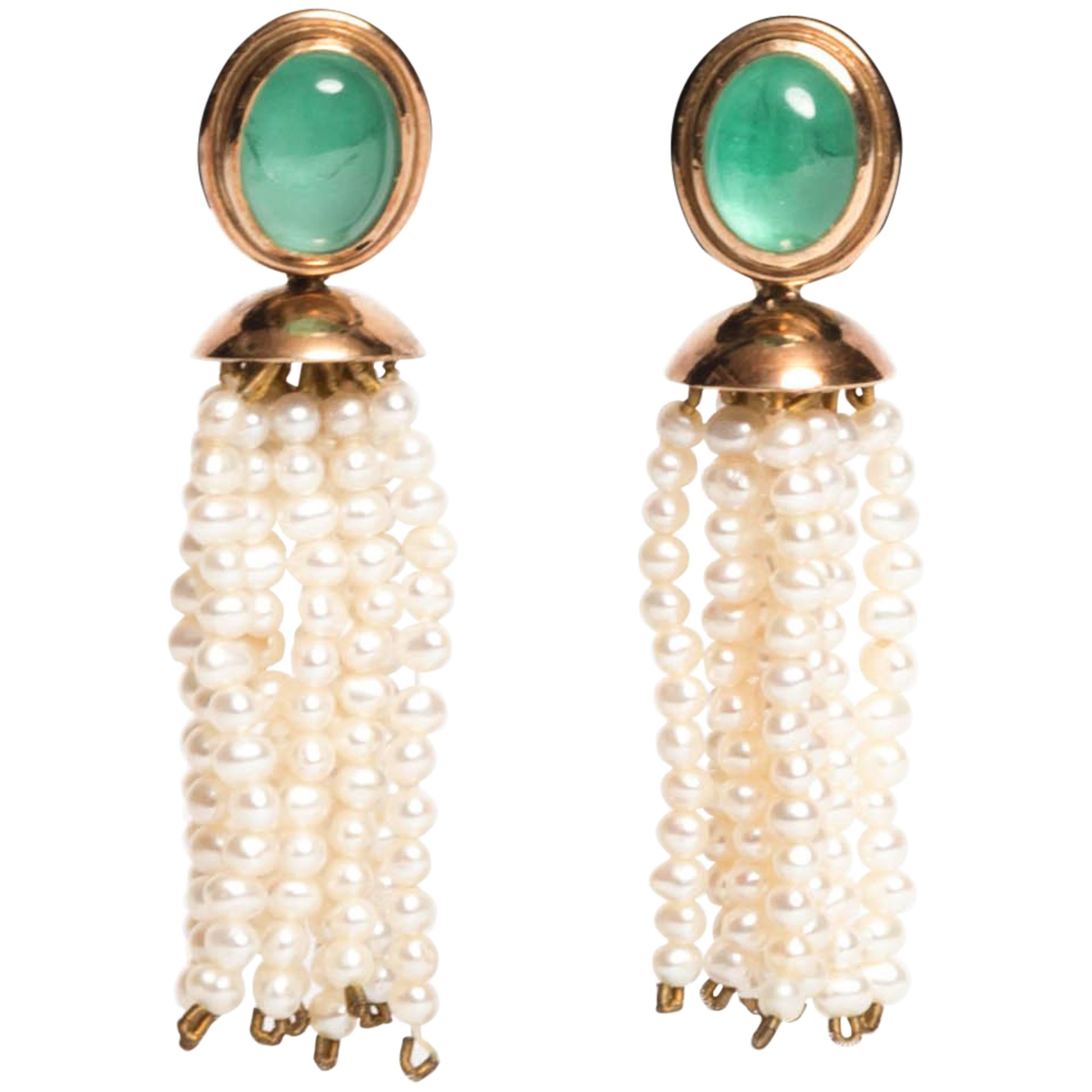 Cassandra Goad Chrysoprase, Gold and Pearl Tassel Earrings 
