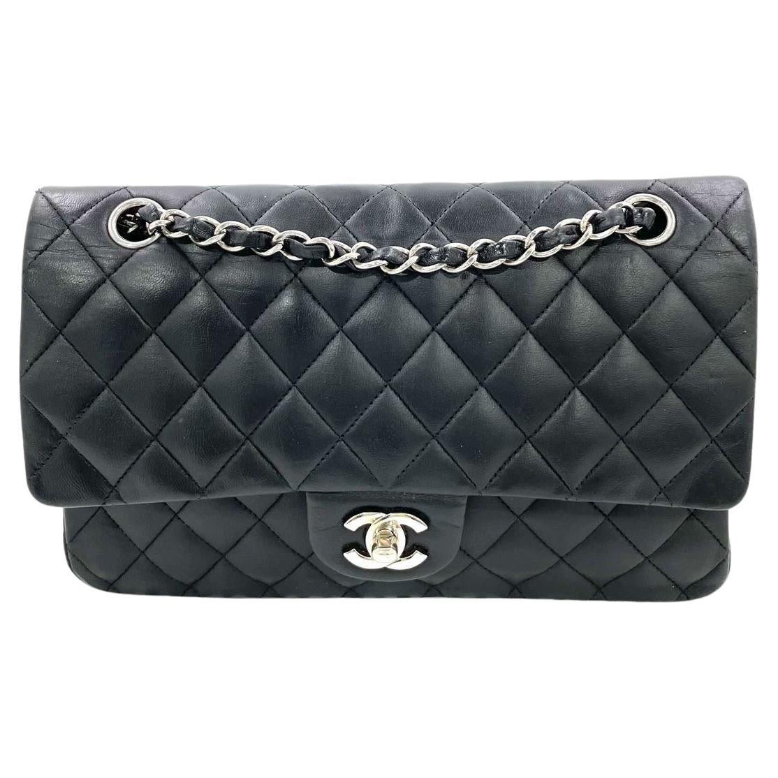 Chanel Timeless Classic Flap Medium Black Lambskin Leather Silver Hardware, 2009