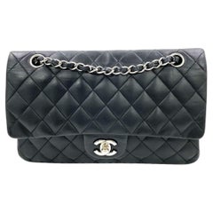 Chanel Timeless Classic Flap Medium Black Lambskin Leather Silver Hardware, 2009