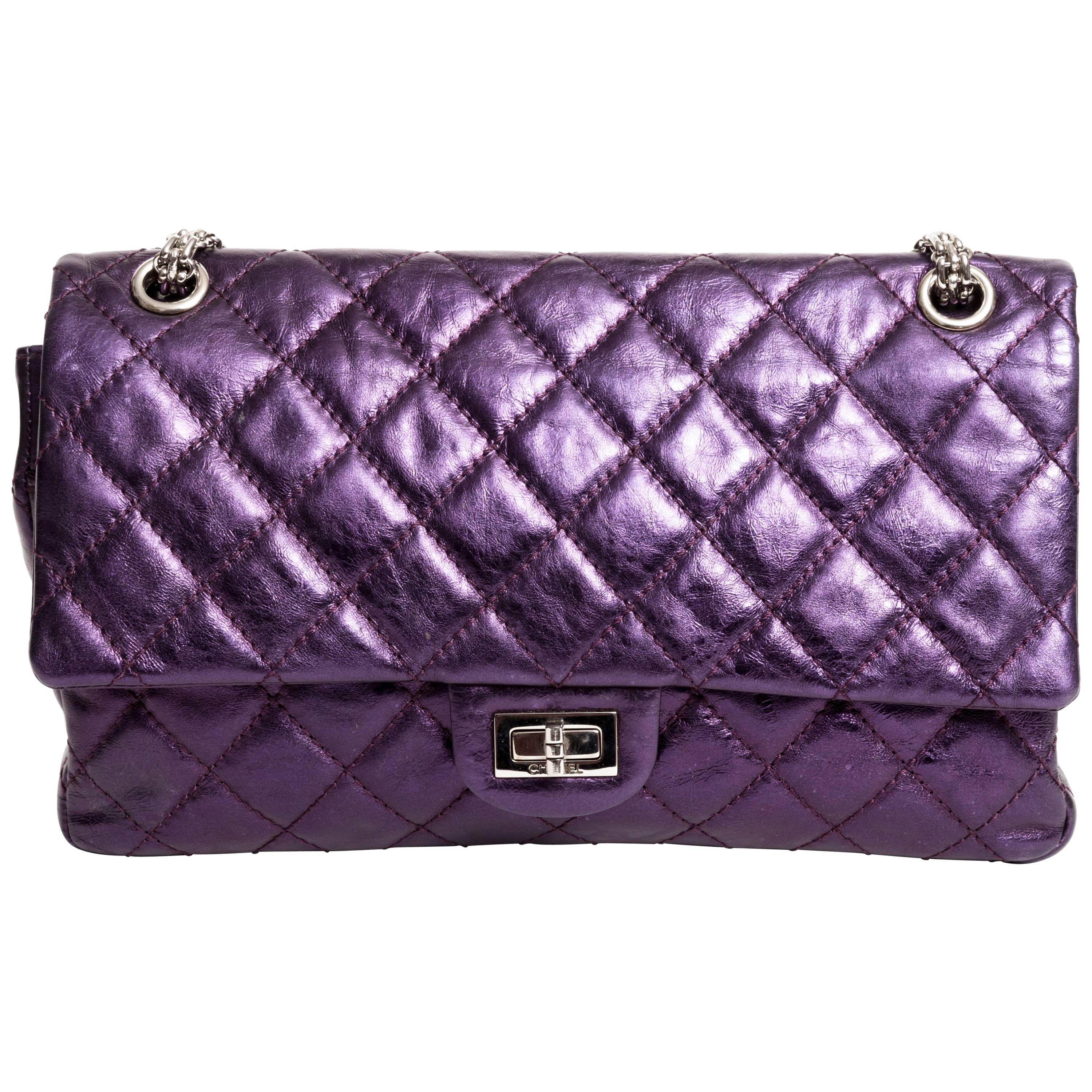 Chanel Purple Metallic Double Flap Reissue with Silver Hardware 