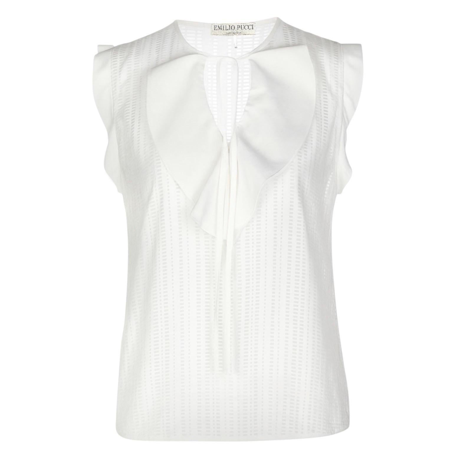 NEW Emilio Pucci White Lasercut Perforated Top Business Blouse with Bowtie 44 en vente