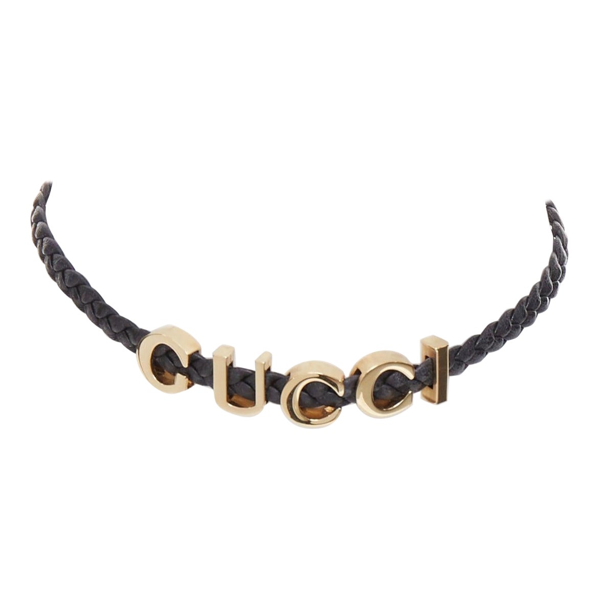 Gucci collana a girocollo in pelle di vitello intrecciata nera con logo in tonalità oro in vendita