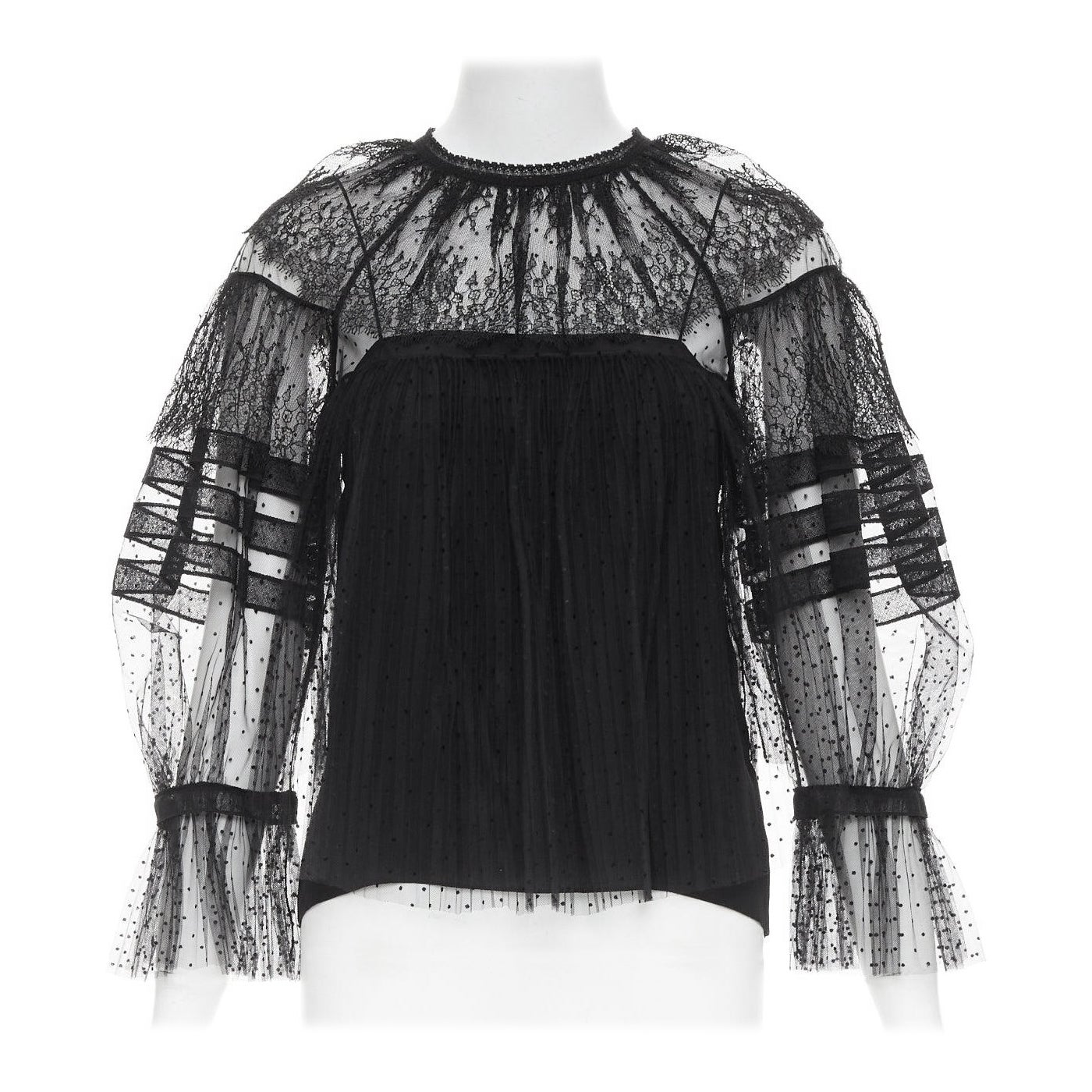 CHRISTIAN DIOR 2017 top vittoriano a righe in pizzo smocked a pois trasparenti FR34 XS in vendita