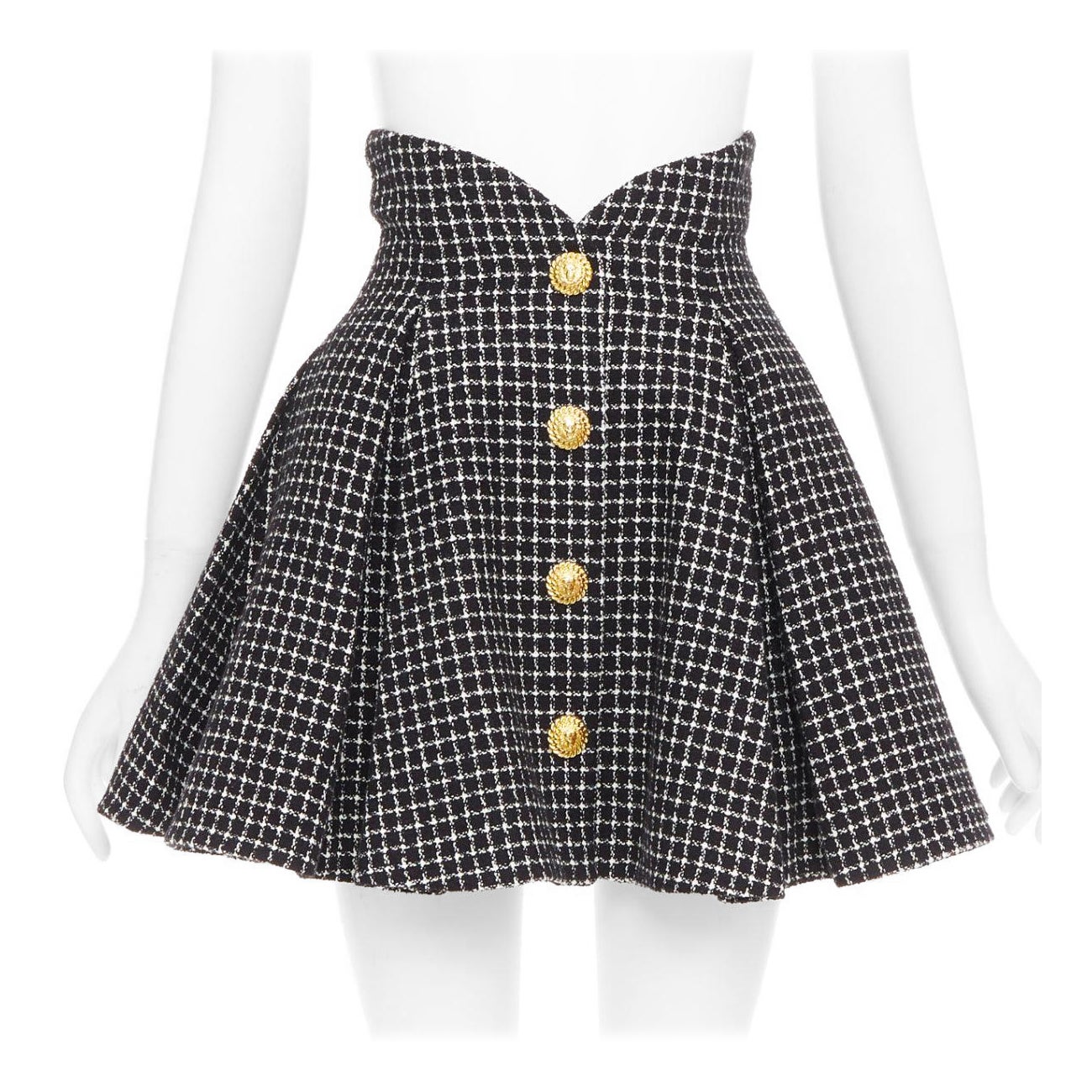 BALMAIN Tulip nero bianco pied de poule in cotone tweed gonna svasata FR34 XS in vendita