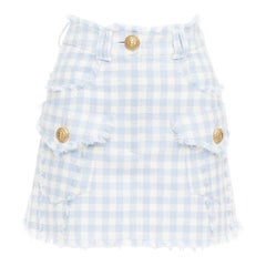 BALMAIN light blue white checked cotton tweed cargo pocket skirt FR34 XS