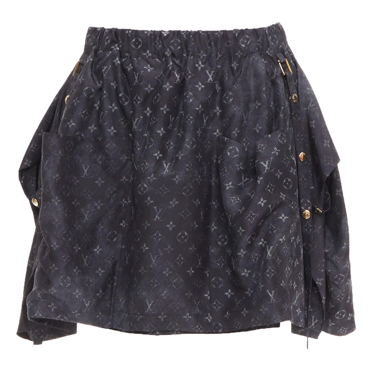 LOUIS VUITTON Monogram Cloud Pocket grau 100% Seide ausgestellter Minirock FR34 XS