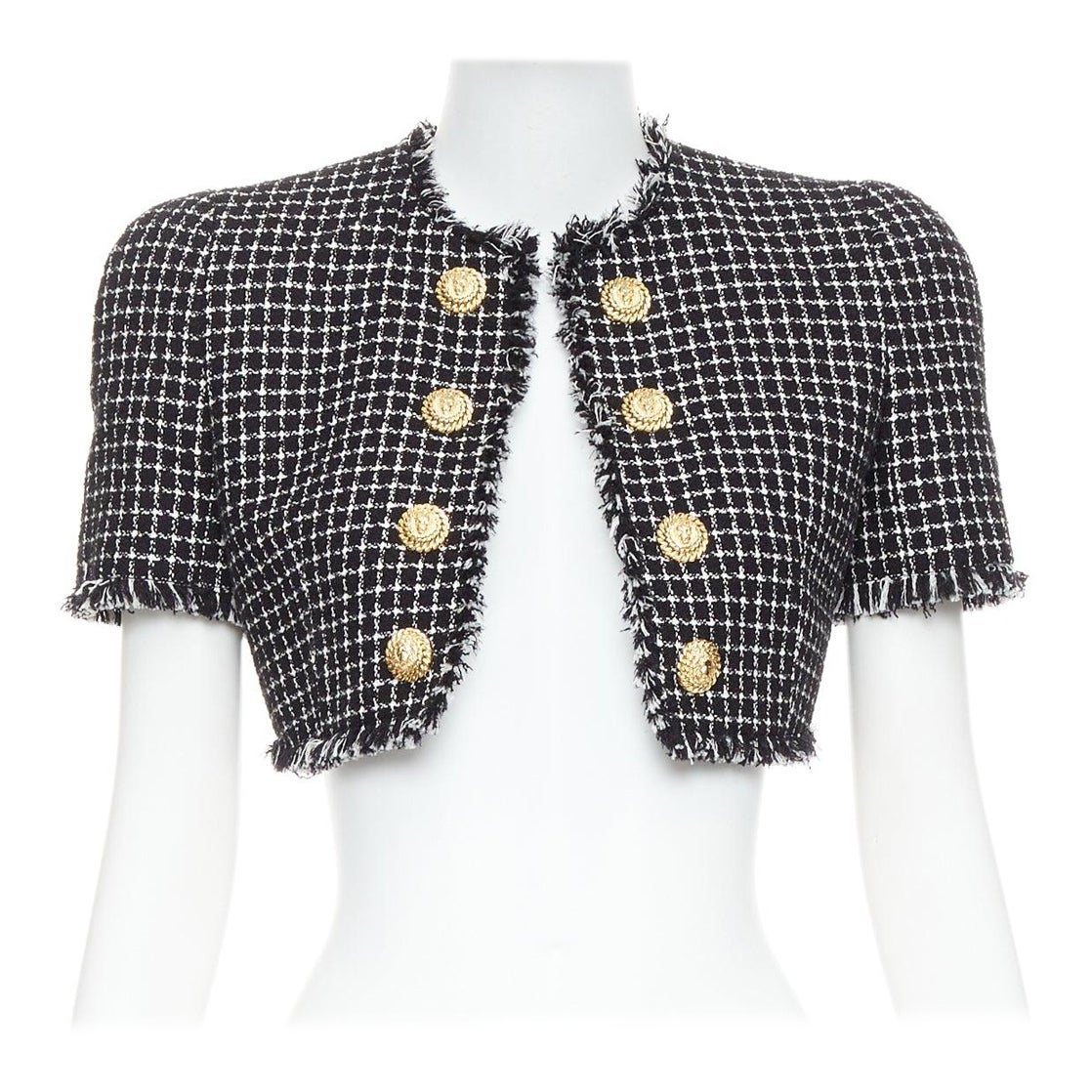 Balmain 2024 giacca cropped in tweed bianco nero con bottoni a testa di leone FR34 XS in vendita