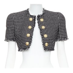 BALMAIN 2024 black white tweed lionhead buttons cropped jacket FR34 XS
