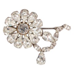 Silvery Metal Vintage Rhinestone Flower Brooch