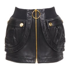 rare BALMAIN black lambskin leather gold B logo button bomber mini skirt FR34 XS