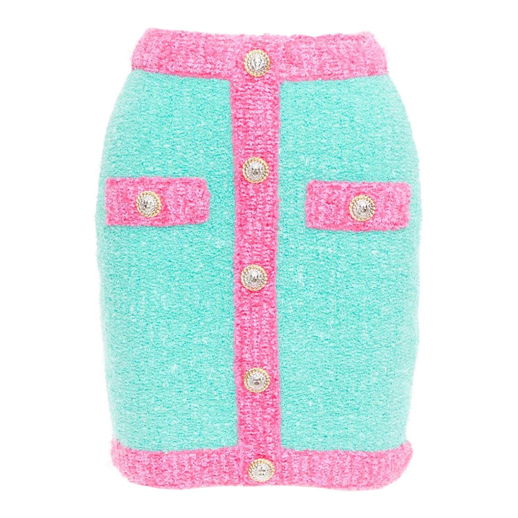 BALMAIN falda boucle adornada con botones turquesa rosa oro FR34 XS