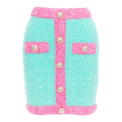 BALMAIN turquoise pink gold button embellished boucle skirt FR34 XS